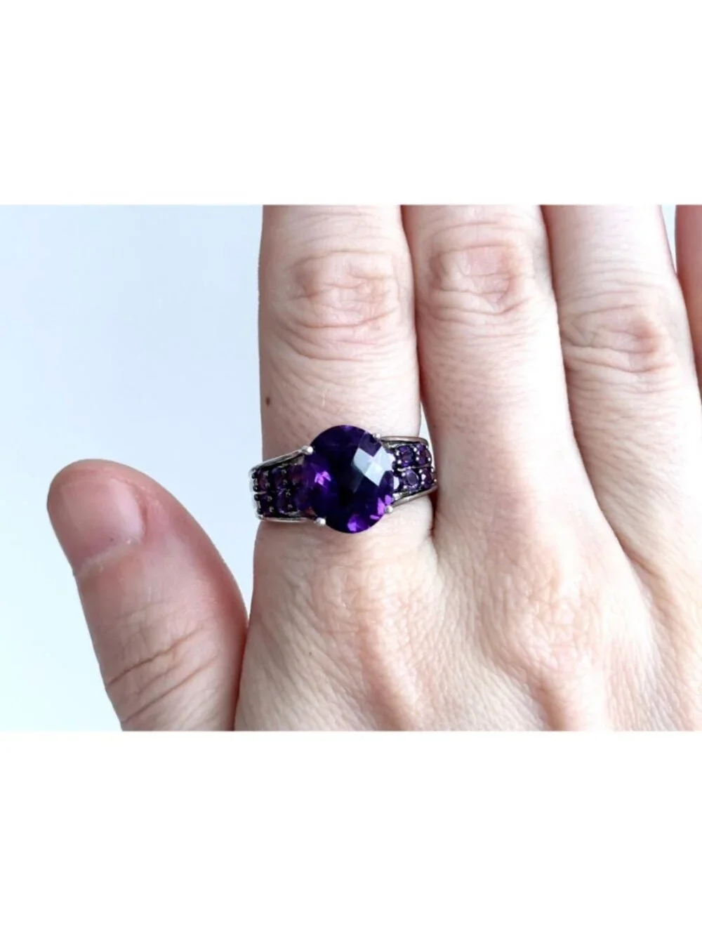Multi Gemstone Amethyst Jumbo Sterling Silver 925 Vintage Ring - sz 9
